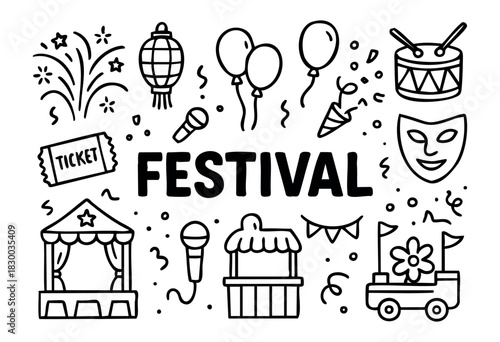 Festival doodle illustration — parade, music, and other celebration and carnival elements — stock vector.