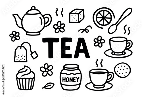 Tea doodle illustration — teapot, teacup, and other tea time elements — stock vector.