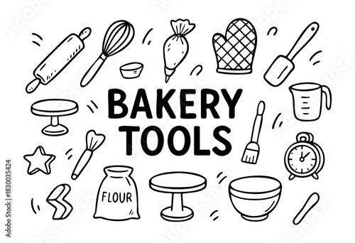 Bakery tools doodle illustration — rolling pin, whisk, and other baking equipment — stock vector.