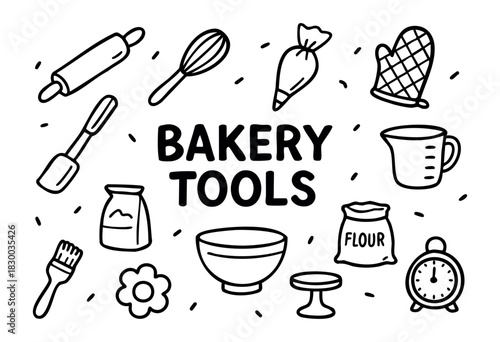 Bakery tools doodle illustration — rolling pin, whisk, and other baking equipment — stock vector.
