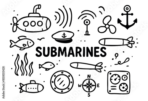 Submarines doodle illustration — periscope, torpedo, and other underwater and naval elements — stock vector.