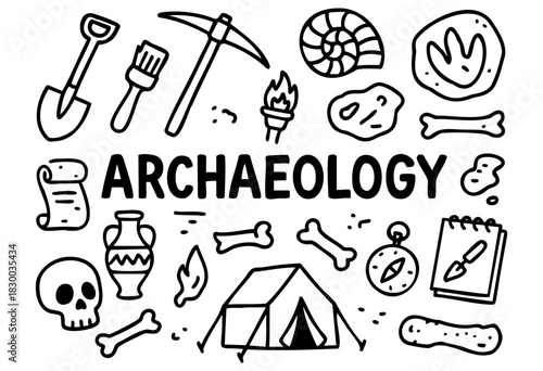 Archaeology doodle illustration — fossils, bones, and other excavation and history elements — stock vector.