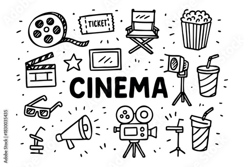 Cinema doodle illustration — camera, film reel, and other movie production and theater elements — stock vector.