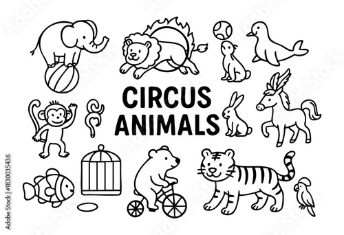 Circus animals doodle illustration — elephant, lion, tiger, and other performing animals — stock vector.