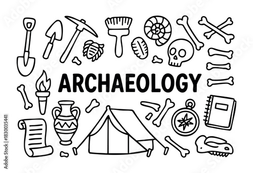 Archaeology doodle illustration — fossils, bones, and other excavation and history elements — stock vector.