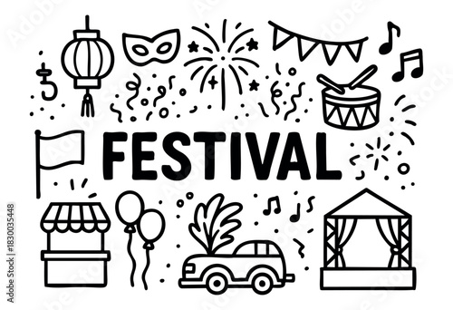 Festival doodle illustration — parade, music, and other celebration and carnival elements — stock vector.