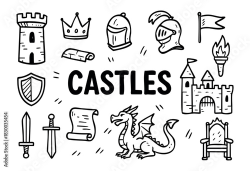 Castles doodle illustration — medieval fortress, knight, and other royalty and fantasy elements — stock vector.