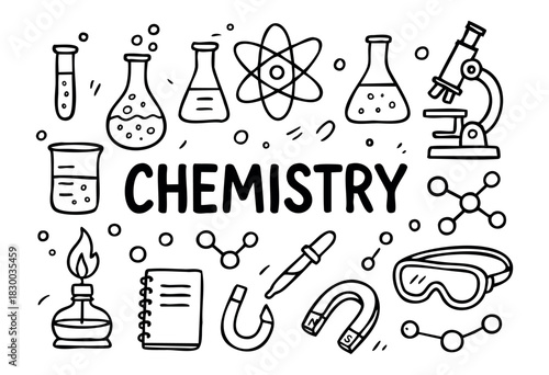 Chemistry doodle illustration — lab equipment, molecules, and other science and experiment elements — stock vector.