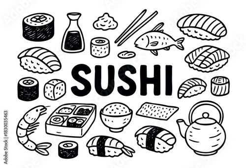 Sushi doodle illustration — rolls, nigiri, and other Japanese cuisine elements — stock vector.