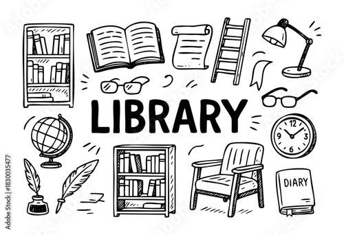 Library doodle illustration — books, shelves, and other reading and study elements — stock vector.