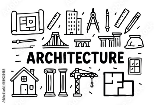 Architecture doodle illustration — buildings, blueprints, and other design and construction elements — stock vector.