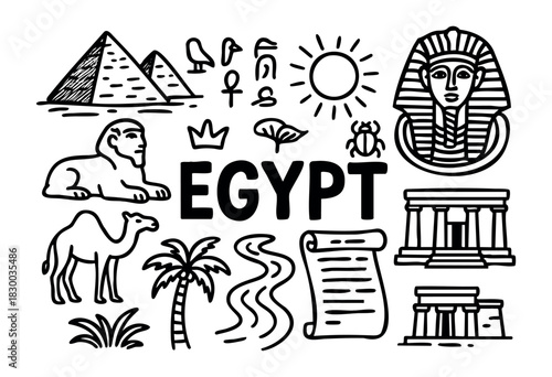 Egypt doodle illustration — pyramids, pharaoh, and other ancient Egyptian culture and history symbols — stock vector.