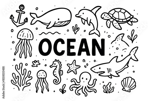 Ocean doodle illustration — whale, shark, and other sea animals and marine life — stock vector.