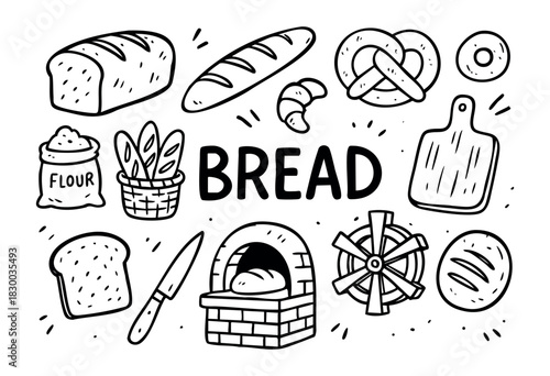Bread doodle illustration — loaf, baguette, and other bakery and baking elements — stock vector.