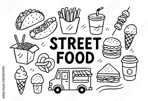 Street food doodle illustration — food truck, hot dog, and other fast food and take-away items — stock vector.