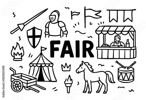 Medieval fair doodle illustration — knight, tent, and other historical festival and market elements — stock vector.