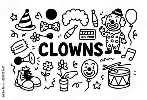 Clowns doodle illustration — circus performer, props, and other fun and entertainment elements — stock vector.