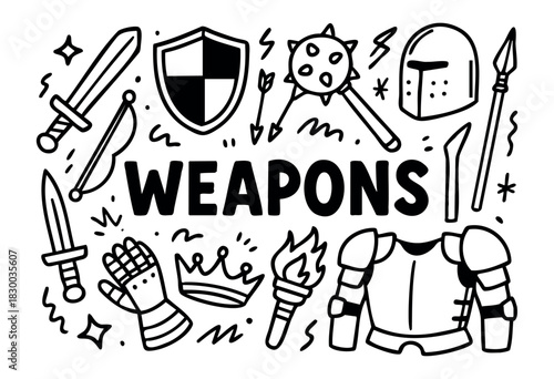 Medieval weapons doodle illustration — sword, shield, armor, and other historical combat items — stock vector.