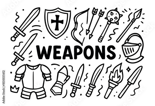 Medieval weapons doodle illustration — sword, shield, armor, and other historical combat items — stock vector.
