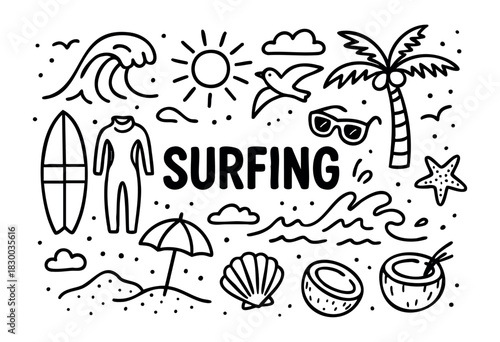 Surfing doodle illustration — surfboard, waves, and other beach and summer elements — stock vector.