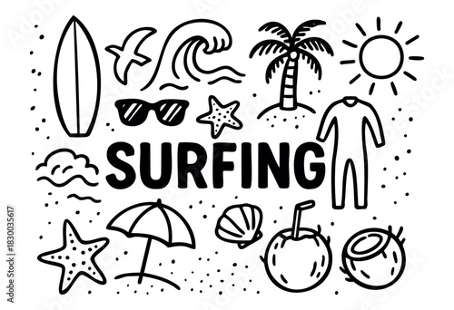 Surfing doodle illustration — surfboard, waves, and other beach and summer elements — stock vector.