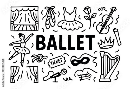 Ballet doodle illustration — ballerina, pointe shoes, and other dance and theater elements — stock vector.