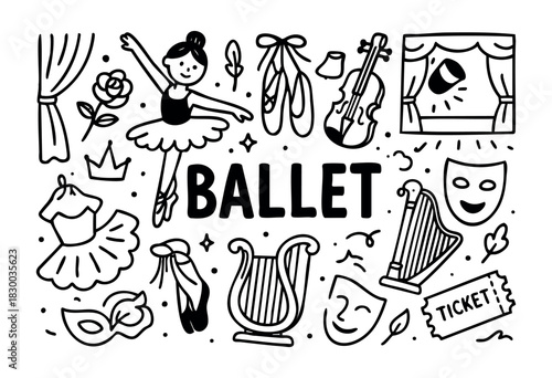 Ballet doodle illustration — ballerina, pointe shoes, and other dance and theater elements — stock vector.