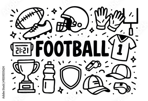 American football doodle illustration — ball, helmet, and other game day elements — stock vector.