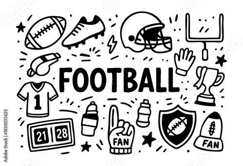 American football doodle illustration — ball, helmet, and other game day elements — stock vector.