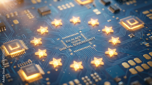 A futuristic concept illustration of the European Union flag depicted as glowing golden stars on a blue electronic circuit board, symbolizing digital data protection and the EU AI Act.