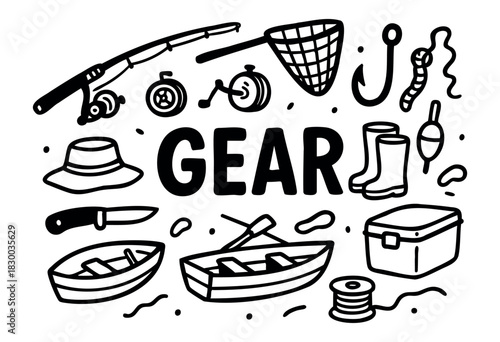 Fishing gear doodle illustration — rod, reel, and other angling equipment and supplies — stock vector.