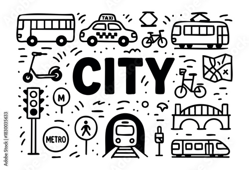 City transport doodle illustration — bus, taxi, and other urban public transportation vehicles — stock vector.
