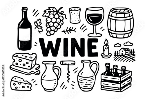 Wine doodle illustration — bottle, glass, grapes, and other winemaking and tasting elements — stock vector.