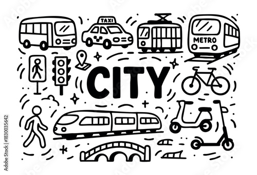 City transport doodle illustration — bus, taxi, and other urban public transportation vehicles — stock vector.