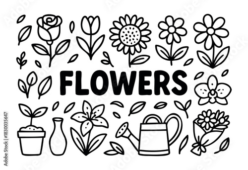 Flowers doodle illustration — rose, tulip, and other blooming plants and gardening items — stock vector.