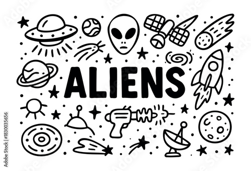 Aliens doodle illustration — UFO, spaceship, and other extraterrestrial and sci-fi elements — stock vector.