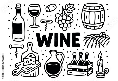 Wine doodle illustration — bottle, glass, grapes, and other winemaking and tasting elements — stock vector.