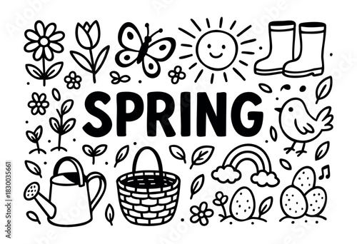 Spring doodle illustration — flowers, butterflies, and other nature and gardening elements — stock vector.