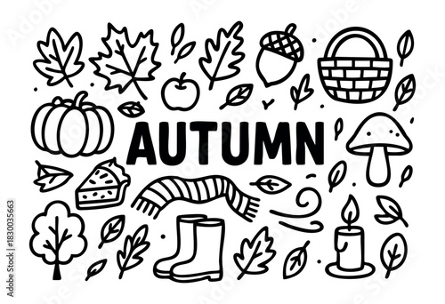 Autumn doodle illustration — leaves, pumpkin, and other fall season elements — stock vector.
