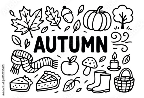 Autumn doodle illustration — leaves, pumpkin, and other fall season elements — stock vector.