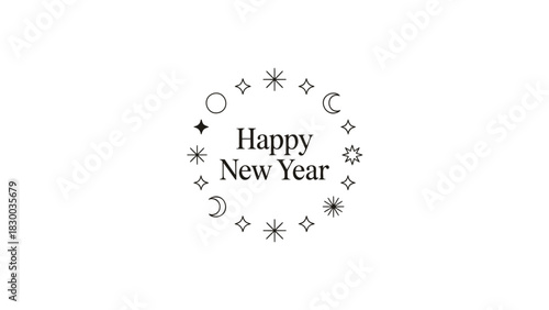 Happy new year greeting surrounded by celestial symbols and astrological signs in a circular wreath design