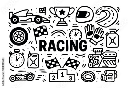 Racing doodle illustration — race car, checkered flag, and other motorsport and competition elements — stock vector.