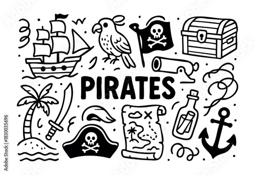 Pirates doodle illustration — ship, treasure map, and other adventure on the high seas elements — stock vector.