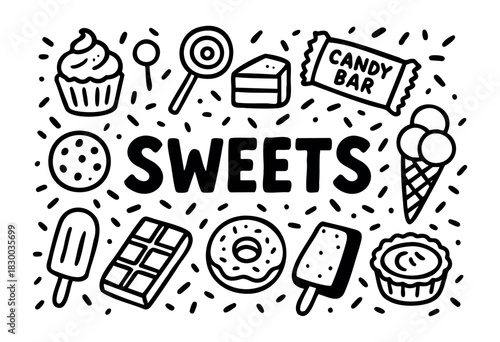 Sweets doodle illustration — candy, cake, and other dessert and confectionery items — stock vector.