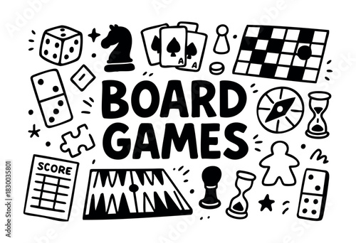 Board games doodle illustration — dice, cards, and other tabletop and party game pieces — stock vector.