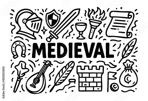 Medieval doodle illustration — knight, castle, and other historical and fantasy elements — stock vector.