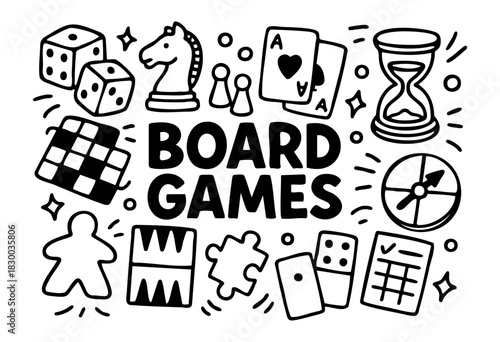 Board games doodle illustration — dice, cards, and other tabletop and party game pieces — stock vector.
