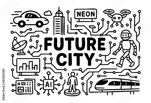 Future city doodle illustration — robots, AI, and other futuristic and technology elements — stock vector.