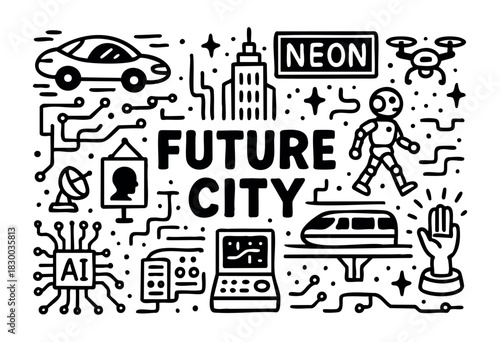 Future city doodle illustration — robots, AI, and other futuristic and technology elements — stock vector.