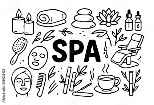 Spa doodle illustration — massage, hot stones, and other wellness and beauty treatment items — stock vector.